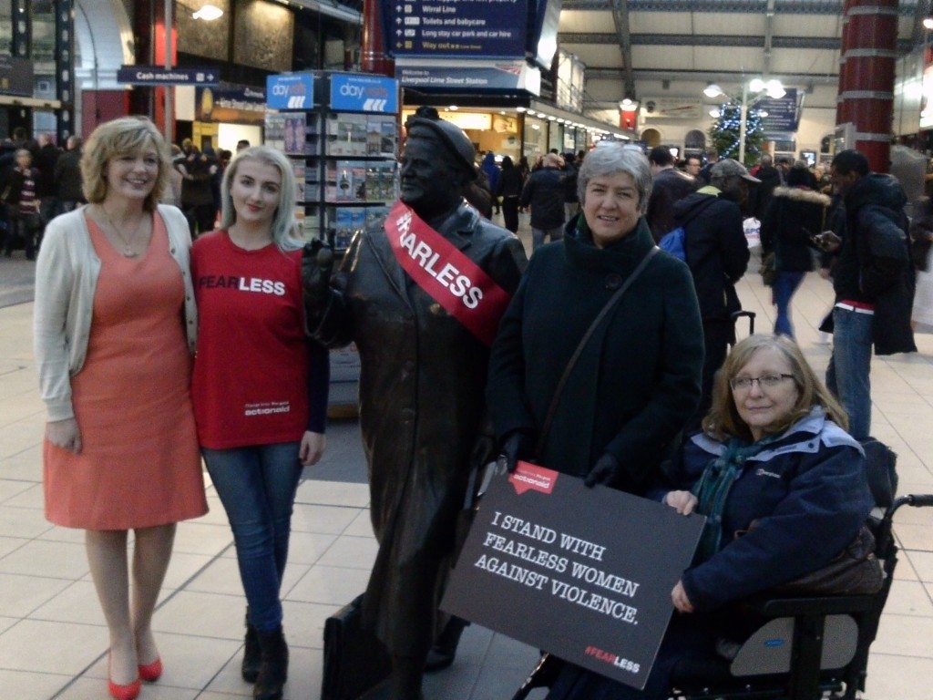 From left to right - Councillor Ann O'Byrne. Kate Menear of Action Aid and Reclaim The Night. The late Bessie Braddock MP is the statue. Jane Kennedy, Police Commissioner for Merseyside. Councillor Pamela Thomas on the right.