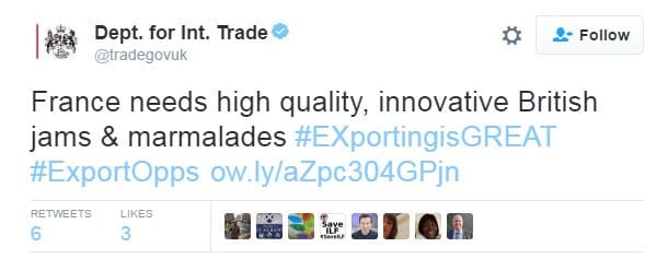 Tweet from the department for international trade talking about innovative jams