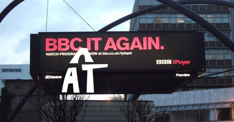 A sign that's been altered to read 'BBC at it again'