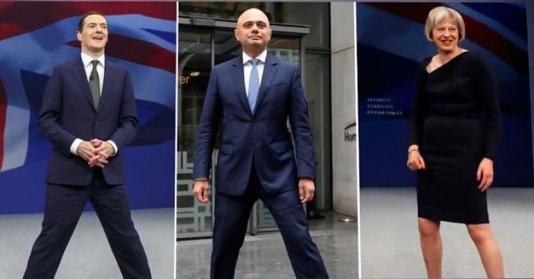 George Osborne, Sajid Javid, and Theresa May in the power stance