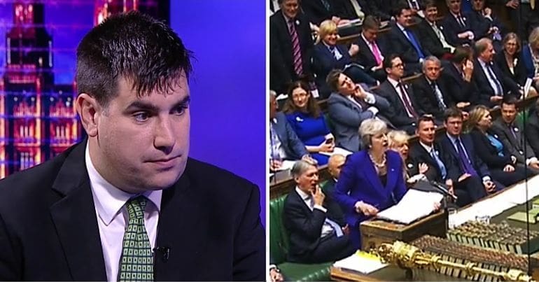 Richard Burgon and an image of Theresa May speaking in Parliament