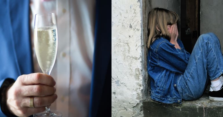 Man holding champagne and girl with her head in her hands