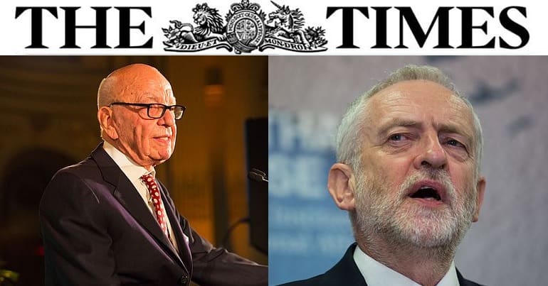 Rupert Murdoch, Jeremy Corbyn and the Times logo