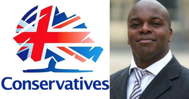 Conservative Party logo and Shaun Bailey