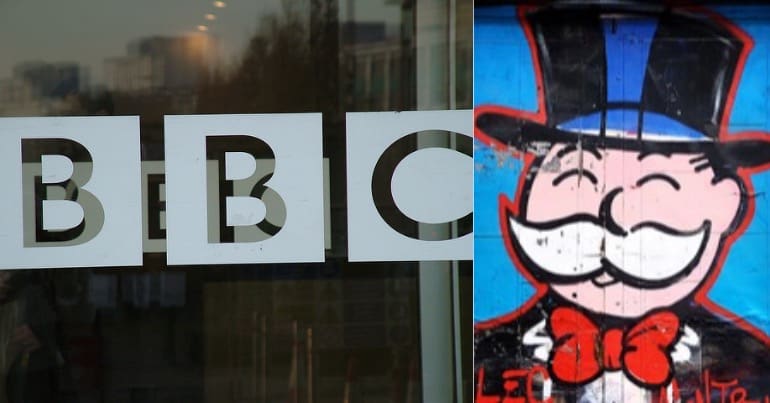 BBC Logo next to a graffiti monopoly man