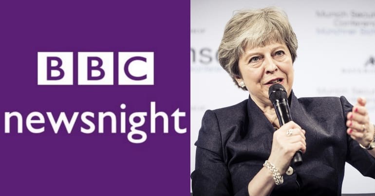 Newsnight logo and Theresa May