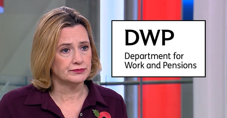 Amber Rudd and the DWP logo