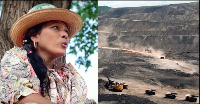 Wayúu woman on left and opencast mine in La Guajira on right