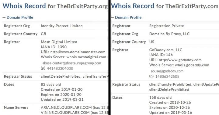 Domain details showing dates for brexitparty.org and brexitparty.com