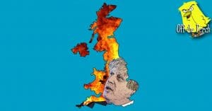 Boris Johnson's face inside a flaming map of the United Kingdom