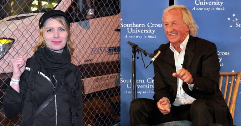 A photo of Chelsea Manning and John Pilger.