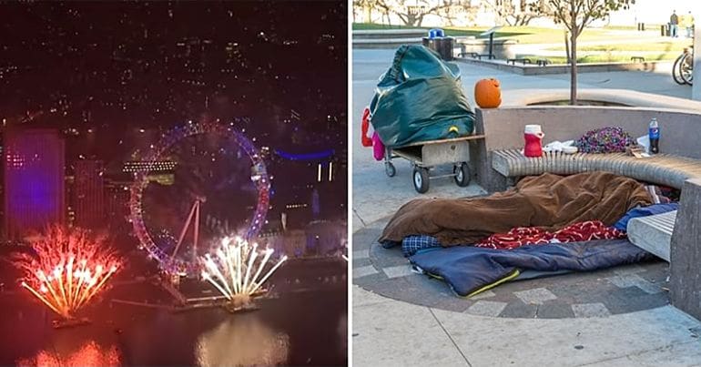 Images of fireworks and homelessness