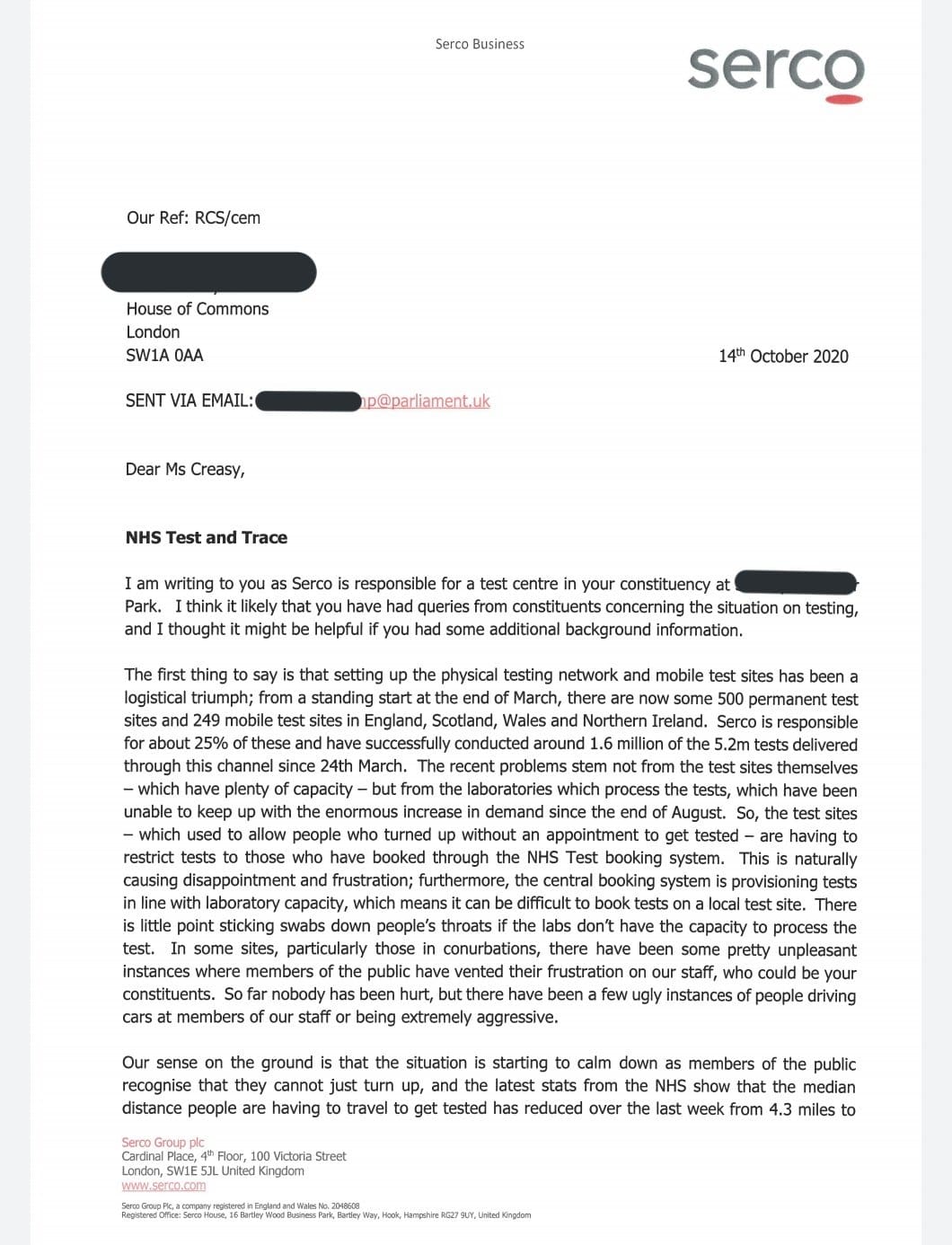 Serco Letter Page One