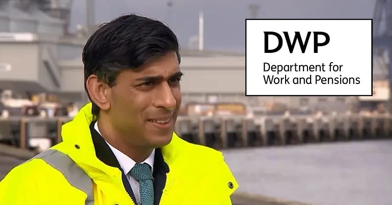 Rishi Sunak on the Money Show and the DWP logo