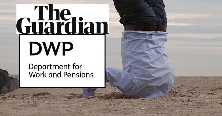 The new Guardian and DWP logos with a picture of a man burying his head in the sand