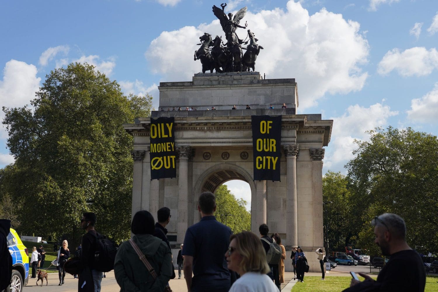 a protest by Fossil Free London at Wellington Arch