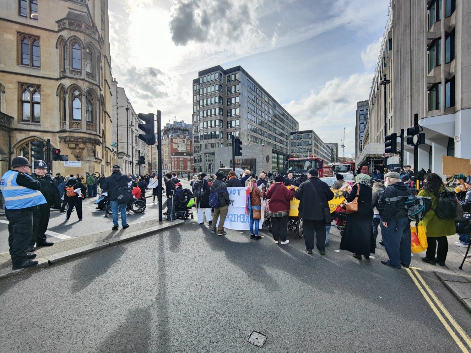 Disabled people blocking a road DPAC DWP