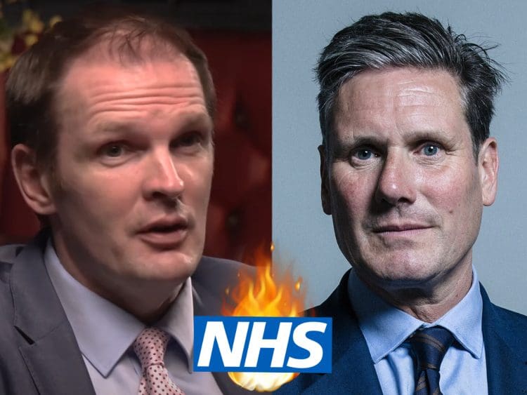 Dan Poulter and Keir Starmer and an NHS logo with flames behind it Labour