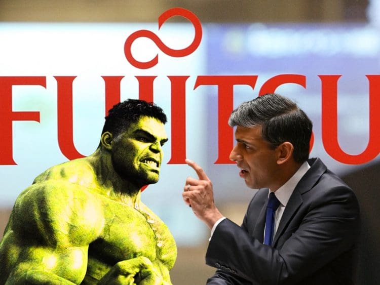 Fujitsu logo the Hulk and Rishi Sunak nuclear