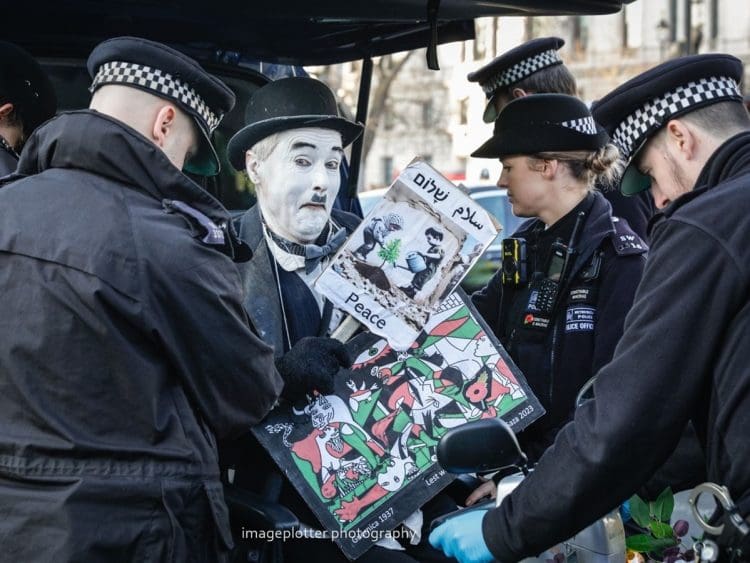 Charlie Chaplin being arrested for protesting Gaza Israel