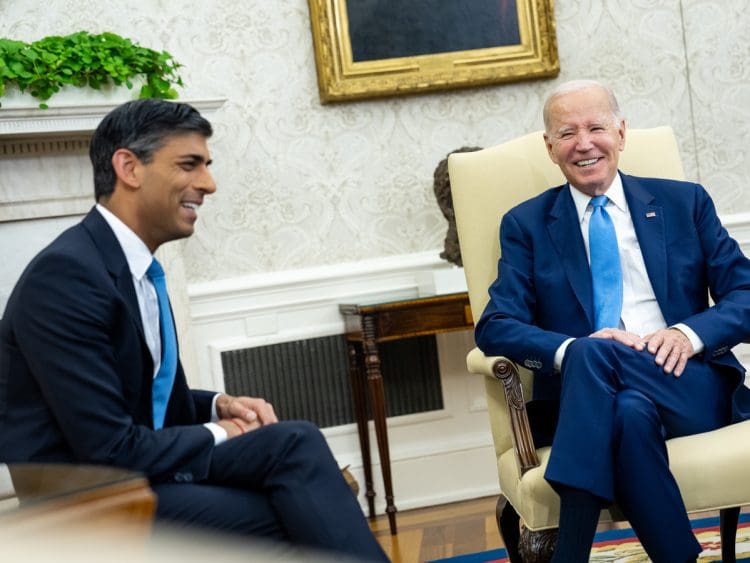 Joe Biden and Rishi Sunak laughing together in the Oval Office Trump Yemen