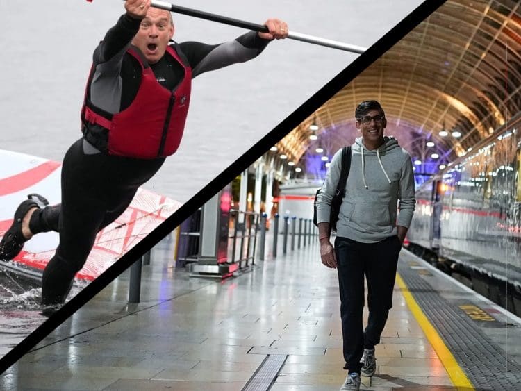 Ed Davey falling into Lake Windermere from his paddleboard. Rishi Sunak walking down a train platform general election