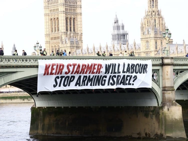 Banner drop Labour Israel arms sales