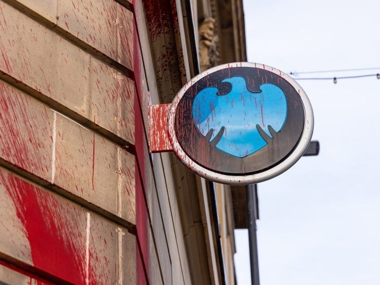 Barclays sign red paint Palestine Action Israel