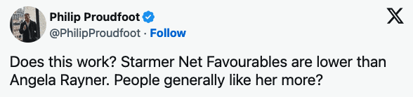 Political activist Phillip Proudfoot saying: 'Does this work? Starmer Net Favourables are lower than Angela Rayner. People generally like her more?'