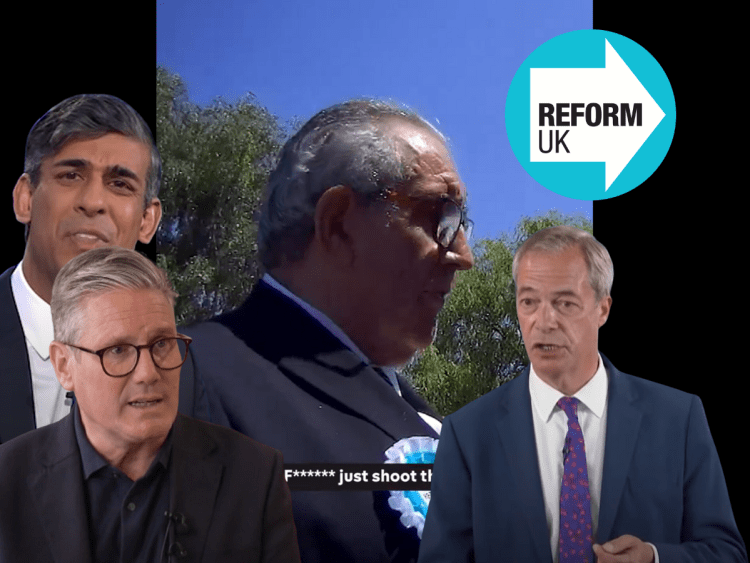 Reform canvasser with the subtitles that read: F****** just shoot them. Nigel Farage, Rishi Sunak, and Keir Starmer in front, alongside the Reform Party logo Clacton