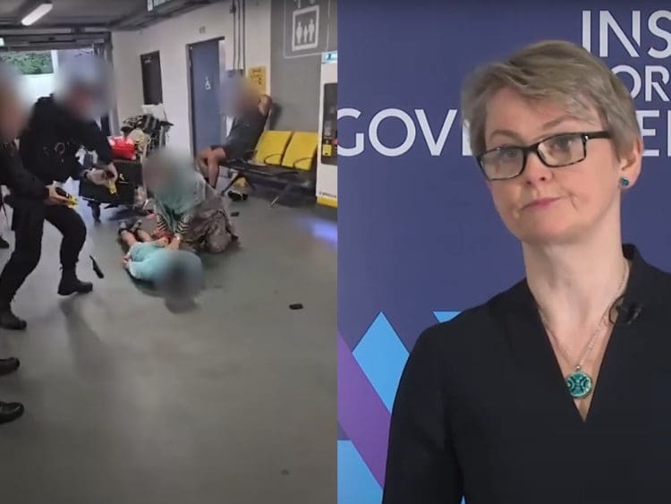 A police officer kicking a prone man in the head and Yvette Cooper side by side Labour