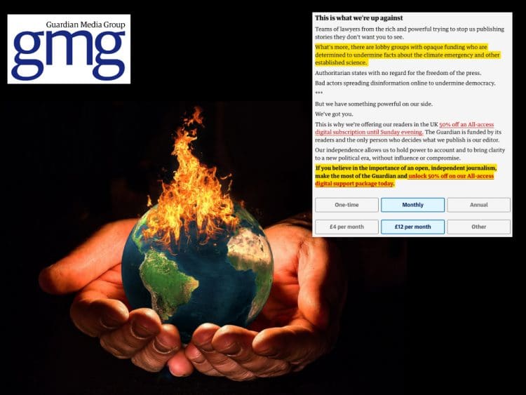 Hands holding a burning Earth over a blackground. Also pictured is the Guardian Media Group logo and text from the Guardian's website where they ask for money to fight climate change