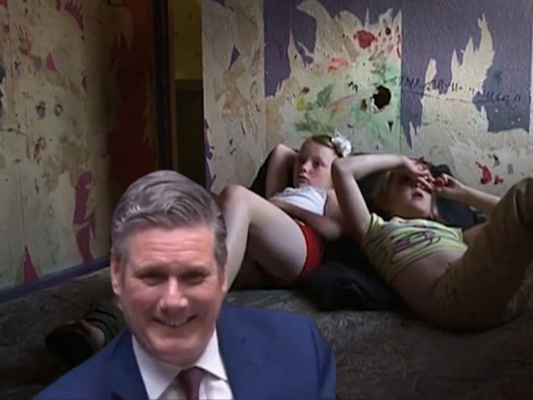 Two young girls lying on the floor. A laughing Keir Starmer in front two-child limit Labour