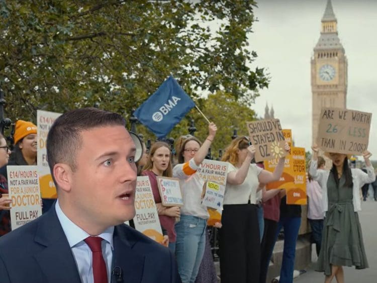 Junior doctors striking with placards near Westminster, with Big Ben in the background. Wes Streeting in front Labour junior doctors