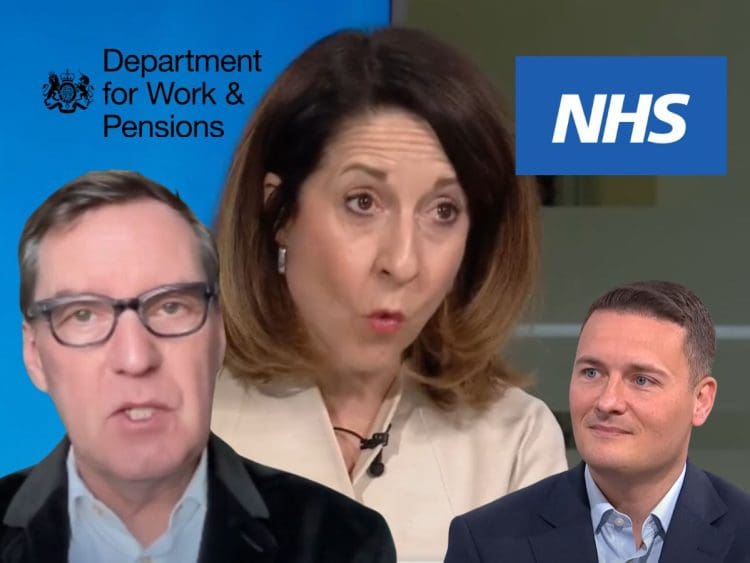 DWP boss Liz Kendall, health adviser Alan Milburn, and health secretary Wes Streeting, with the DWP NHS logos benefits