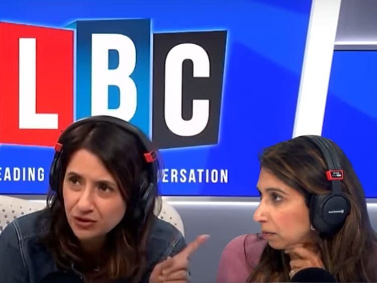 Sangita Myska on LBC pointing disapprovingly towards Suella Braverman.