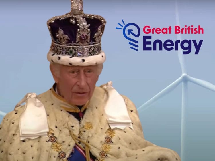 King Charles with a wind turbine behind him and the Great British Energy logo crown estate