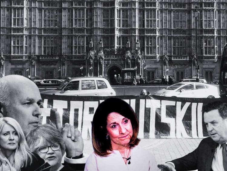 Disabled people a picture of former DWP ministers and Liz Kendall against a banner that reads 'tory cuts kill' outside parliament