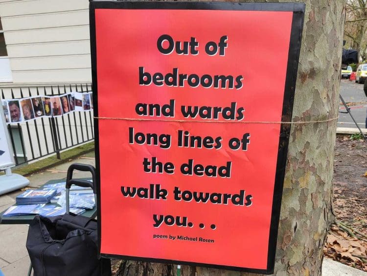 Covid-19 Inquiry poem by Michael Rosen which reads 'out of bedrooms and wards long lines of the dead walk towards you'