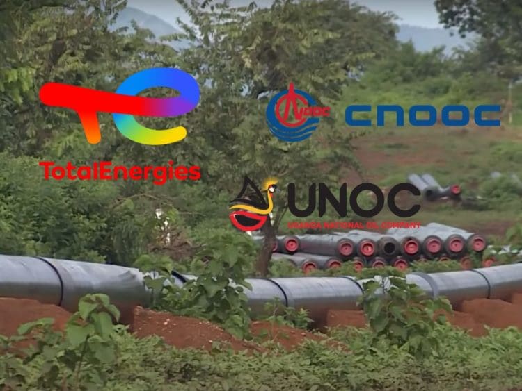 EACOP project mid-construction through jungle. TotalEnergies, CNOOC, and UNOC logos.