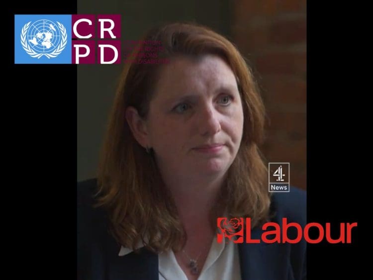 Screengrab of Alison McGovern from the Channel 4 interview. Labour and UNCRPD logo DWP