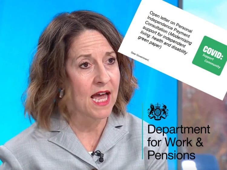 DWP boss Liz Kendall, with the DWP logo and COVID Community Support's letter head PIP