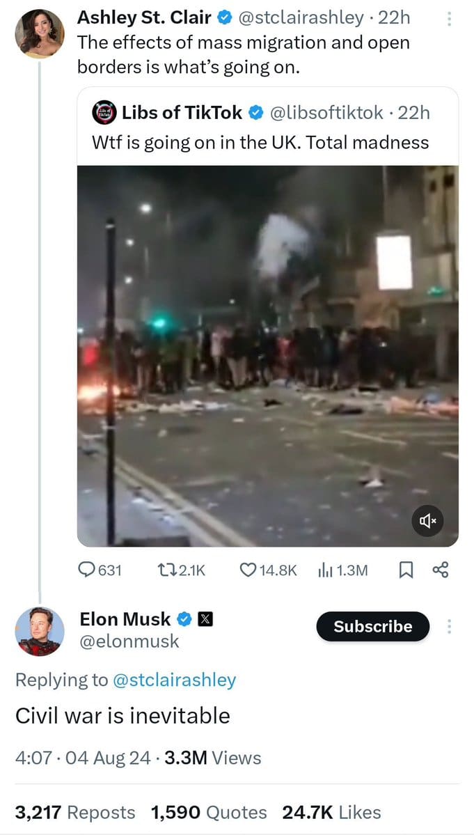 Musk tweeting that civil war is inevitable in the UK