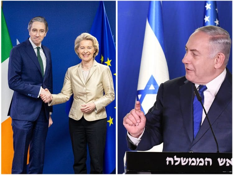 Irish leader Simon Harris meeting with Ursula von der Leyon side by side with Benjamin Netanyahu Israel