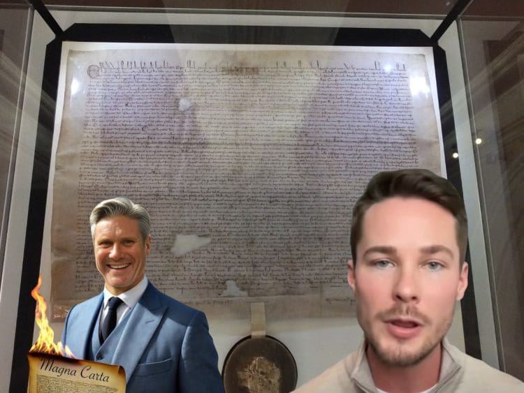 Magna Carta behind glass. Illustration of Keir Starmer torching it, and Alex Armstrong in the foreground.