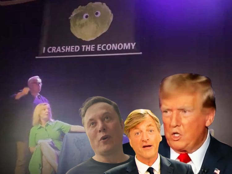 Liz Truss with the lettuce banner unfurling behind her saying "I crashed the economy". An orange Trump, Richard Madeley, and Elon Musk in front.