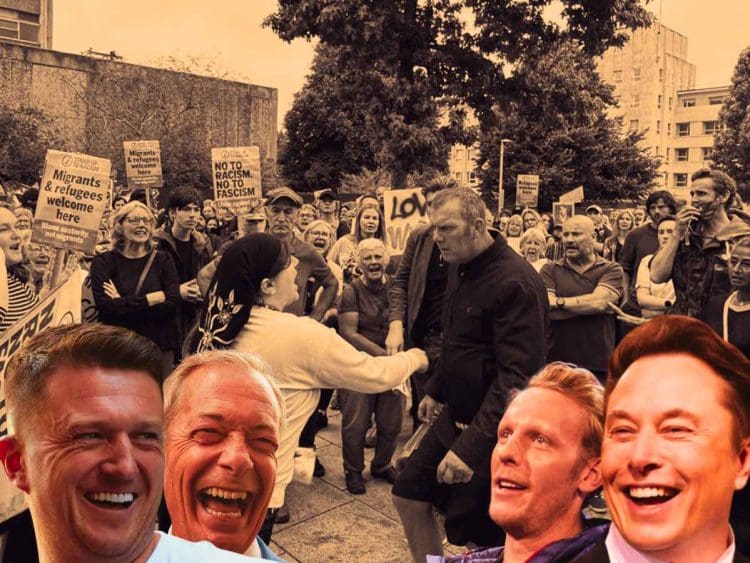 Riots - two people confronting each other surrounded by a crowd of both left and far-right protesters with Tommy Robinson, Nigel Farage Lawrence Fox and Elon Musk watching and laughing