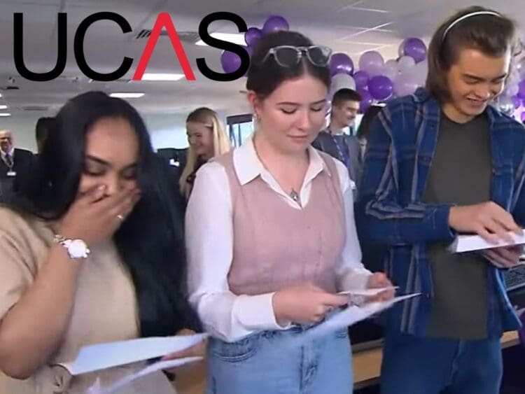 Three students opening A-level results with the UCAS logo universities