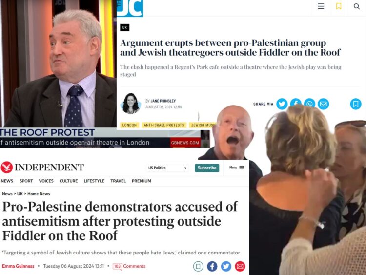 Gary Mond on GB News, the Independent article headline, and the Jewish Chronicle article headline. A white man held back by two white women is shouting fiddler on the roof