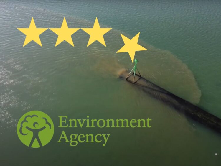 Pollution from a pipe into the ocean. The Environment Agency logo, and four stars, with one falling away water companies